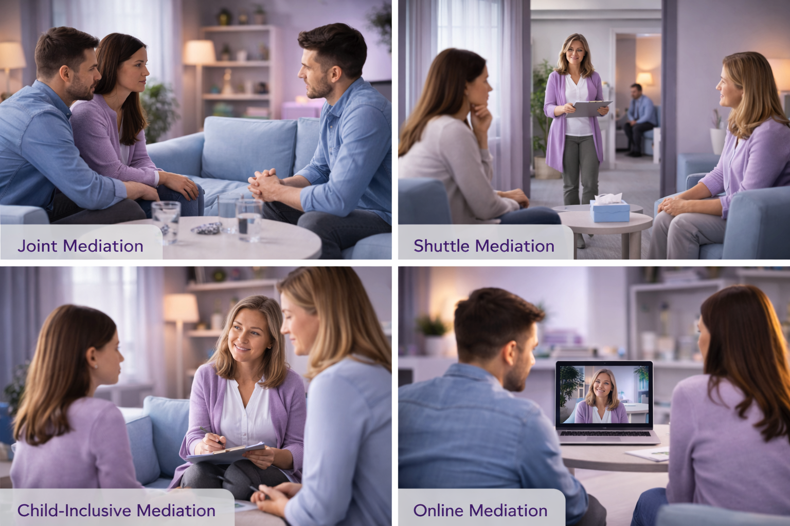 Illustration of a mediator sitting between two people and facilitating conversation